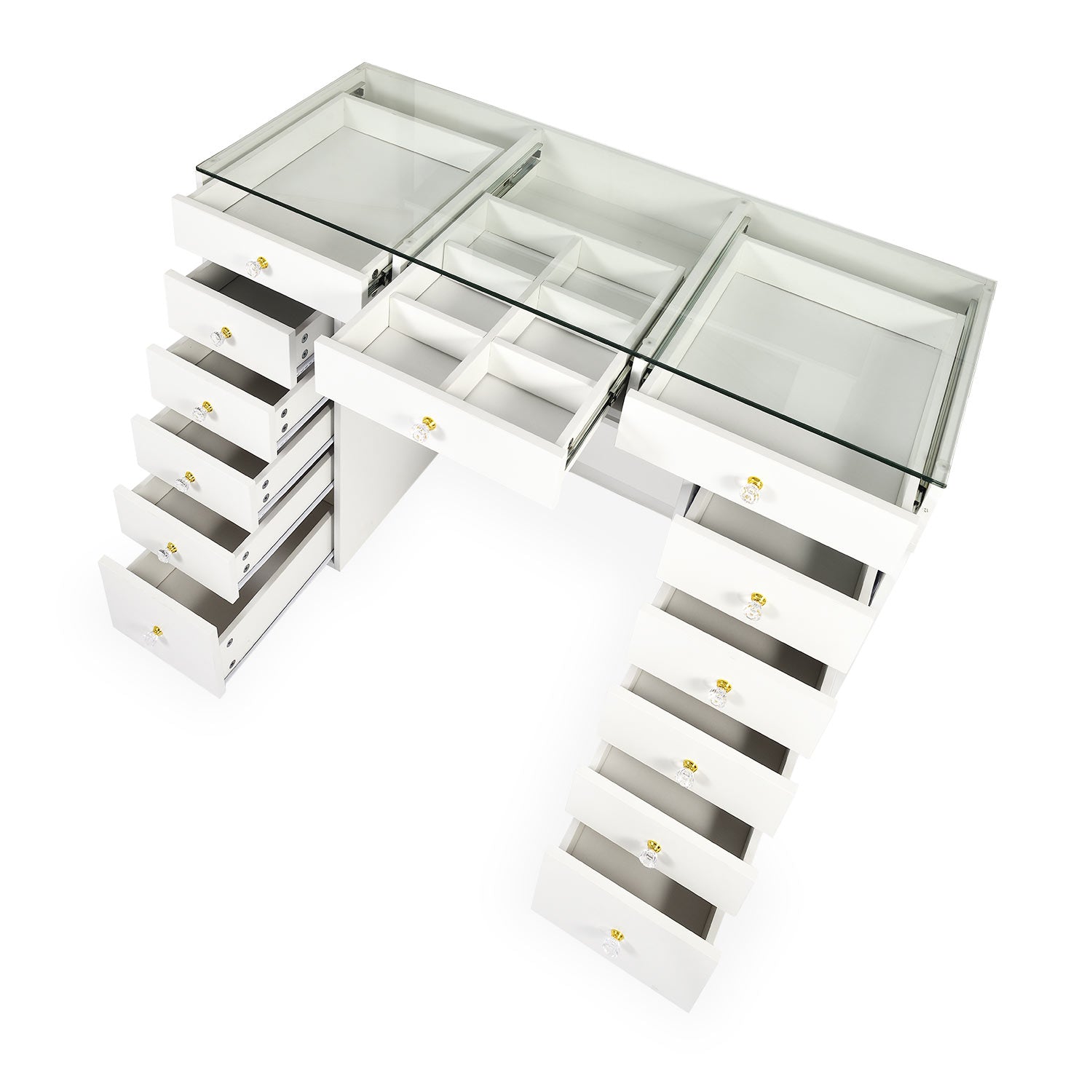 Coiffeuse moderne avec 13 tiroirs et plateau en verre transparent L120cm Probeauty Blanc