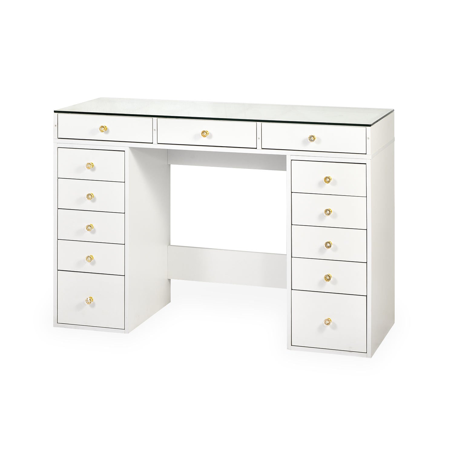 Coiffeuse moderne avec 13 tiroirs et plateau en verre transparent L120cm Probeauty Blanc