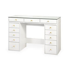 Coiffeuse moderne avec 13 tiroirs et plateau en verre transparent L120cm Probeauty Blanc