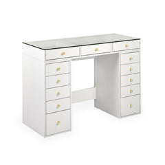 Coiffeuse moderne avec 13 tiroirs et plateau en verre transparent L120cm Probeauty Blanc
