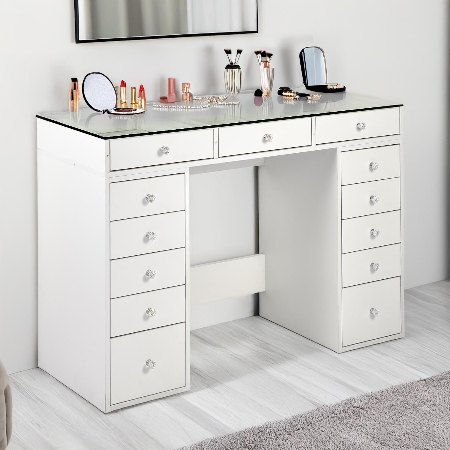 Coiffeuse moderne avec 13 tiroirs et plateau en verre transparent L120cm Probeauty Blanc