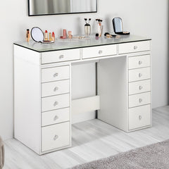 Coiffeuse moderne avec 13 tiroirs et plateau en verre transparent L120cm Probeauty Blanc