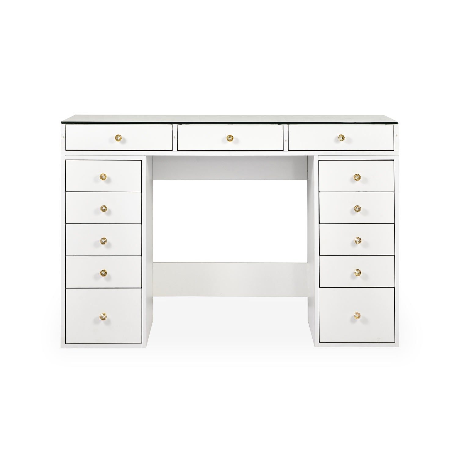 Coiffeuse moderne avec 13 tiroirs et plateau en verre transparent L120cm Probeauty Blanc