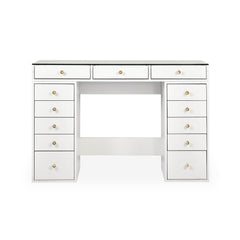 Coiffeuse moderne avec 13 tiroirs et plateau en verre transparent L120cm Probeauty Blanc