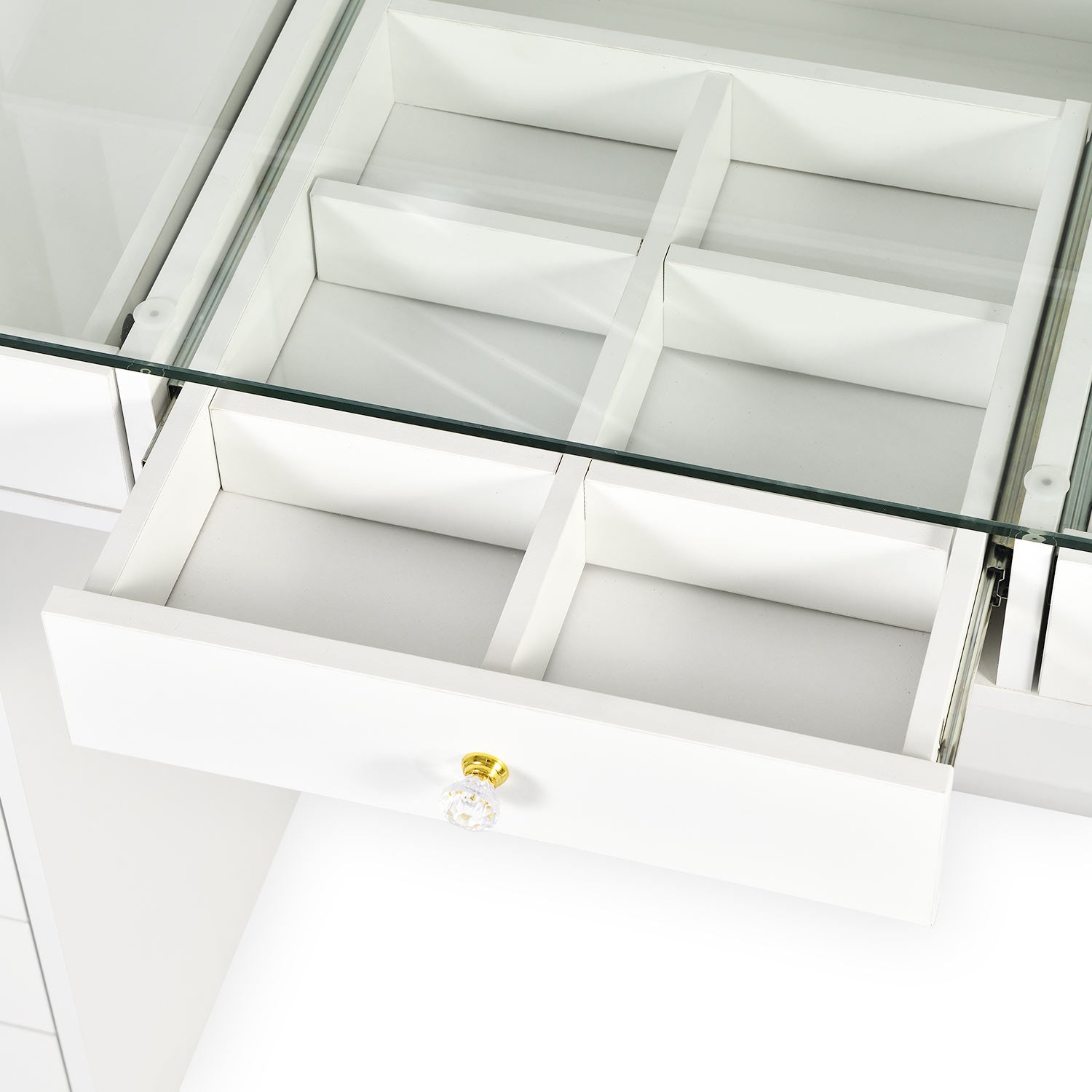 Coiffeuse moderne avec 13 tiroirs et plateau en verre transparent L120cm Probeauty Blanc
