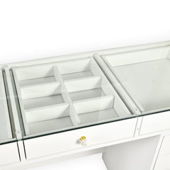 Coiffeuse moderne avec 13 tiroirs et plateau en verre transparent L120cm Probeauty Blanc