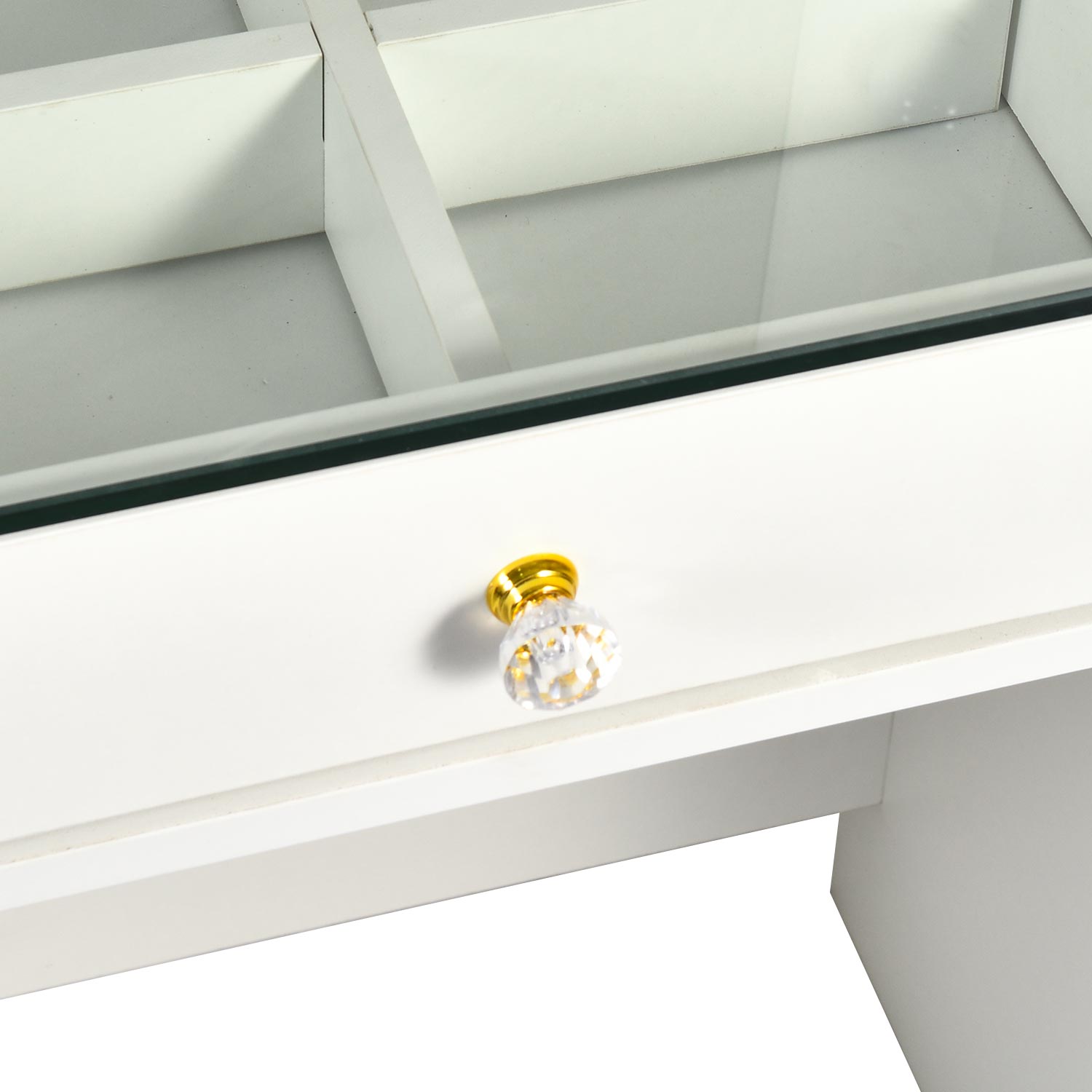 Coiffeuse moderne avec 13 tiroirs et plateau en verre transparent L120cm Probeauty Blanc