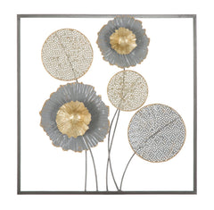 Panel decorativo de metal flores y hojas acero gris oro