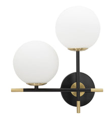 Aplique de pared doble, diseño simple, metal negro y dorado con esferas de cristal blanco