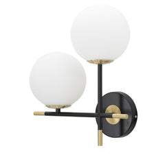 Aplique de pared doble, diseño simple, metal negro y dorado con esferas de cristal blanco