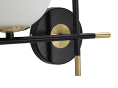 Aplique de pared doble, diseño simple, metal negro y dorado con esferas de cristal blanco