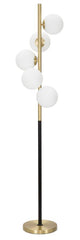 Lámpara de pie de 5 luces Glamyy Metal dorado y negro esferas de cristal blanco