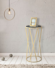 Soporte de teléfono redondo Glam de metal dorado con base de cristal templado negro