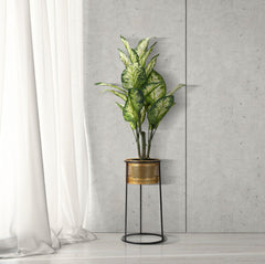 Porte-fleur en métal doré et piédestal noir
