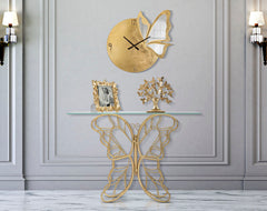 Consola Papillon de metal dorado con tablero de cristal