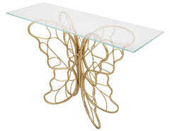 Consola Papillon de metal dorado con tablero de cristal
