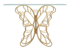 Consola Papillon de metal dorado con tablero de cristal