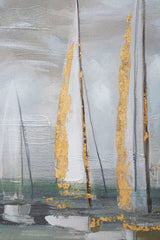 Pintura mural de barco dorado sobre lienzo con marco de madera