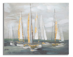Pintura mural de barco dorado sobre lienzo con marco de madera
