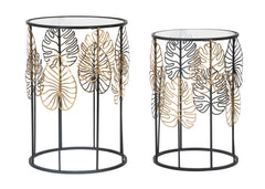 Mesa redonda Foglie estructura de metal negro tablero de cristal decoraciones doradas