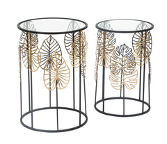Mesa redonda Foglie estructura de metal negro tablero de cristal decoraciones doradas