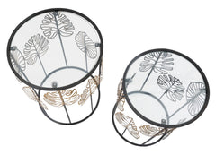 Mesa redonda Foglie estructura de metal negro tablero de cristal decoraciones doradas