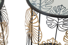 Mesa redonda Foglie estructura de metal negro tablero de cristal decoraciones doradas