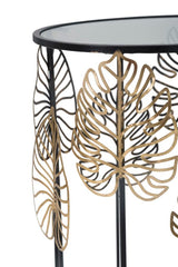 Mesa redonda Foglie estructura de metal negro tablero de cristal decoraciones doradas