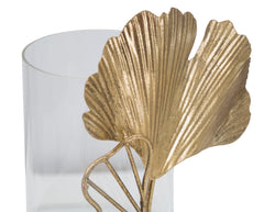 Porte-bougie en métal doré et verre avec design feuilles