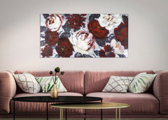 Pintura mural artesanal motivo floral marco de madera tonos cálidos