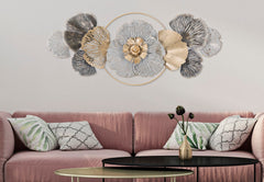 Panel de pared decorativo 3D de metal con hojas y flores oro/plata