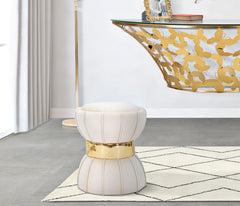 Tabouret rond Velours synthétique Crème bande dorée