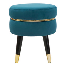Tabouret Teal Velours Bleu Sarcelle pieds Noir et finition dorée