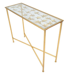 Console Papillons métal doré et verre