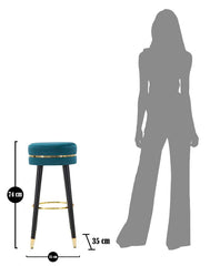 Taburete de bar terciopelo turquesa patas de madera y metal negras con acabado dorado