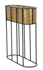 Florero ovalado de metal dorado y soporte de metal negro