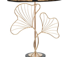 Lámpara de mesa Hojas Metal Dorado Pantalla Tela Negra
