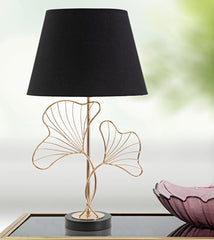 Lámpara de mesa Hojas Metal Dorado Pantalla Tela Negra