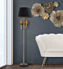Lámpara de pie decorada con loros Metal dorado pantalla de tela negra