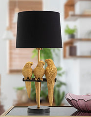 Lámpara de mesa Perroquets, metal dorado, pantalla de tela negra
