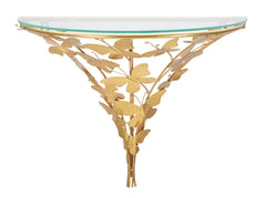 Table de nuit murale en métal doré décorée de papillons plateau en verre