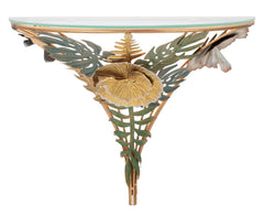 Table de chevet semi-circulaire en métal doré et verre décorée de feuilles et fleurs multicolores