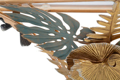 Table de chevet semi-circulaire en métal doré et verre décorée de feuilles et fleurs multicolores