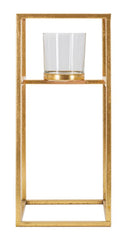 Candelabro de metal dorado con vaso cuadrado