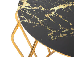 Mesa de centro redonda Histor, de metal dorado y tapa de cristal de efecto mármol