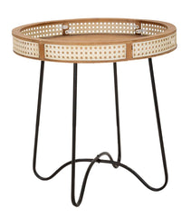 Mesa de centro Fuji, borde de madera, rejilla vienesa, base de metal negro
