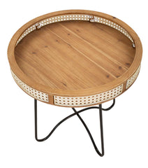 Mesa de centro Fuji, borde de madera, rejilla vienesa, base de metal negro