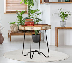 Mesa de centro Fuji, borde de madera, rejilla vienesa, base de metal negro