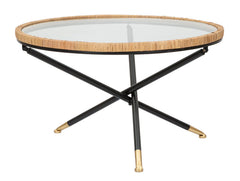 Mesa baja redonda Saint Barth Cristal y Ratán patas de metal Negro dorado