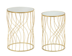 Table ronde en métal doré et verre miroir